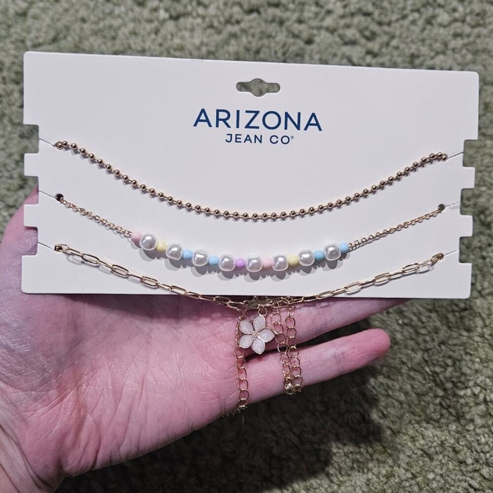 Arizona Pastel Flower Beaded 3pc Choker Necklace Set Gold Tone Y2K Style NEW